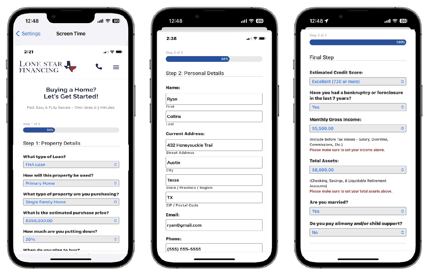 Online mortgage pre-approval application at Lone Star Financing.
