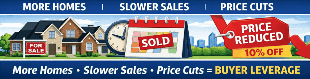 Texas buyer’s market 2026 banner showing more homes slower sales and price cuts creating buyer leverage in real estate