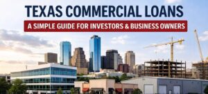 Texas commercial loans graphic featuring office buildings and retail properties with Lone Star Financing branding
