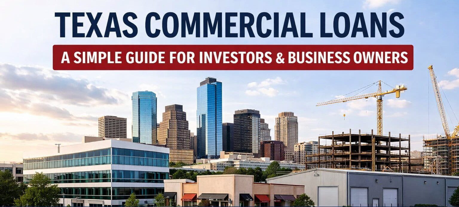 Texas commercial loans graphic featuring office buildings and retail properties with Lone Star Financing branding