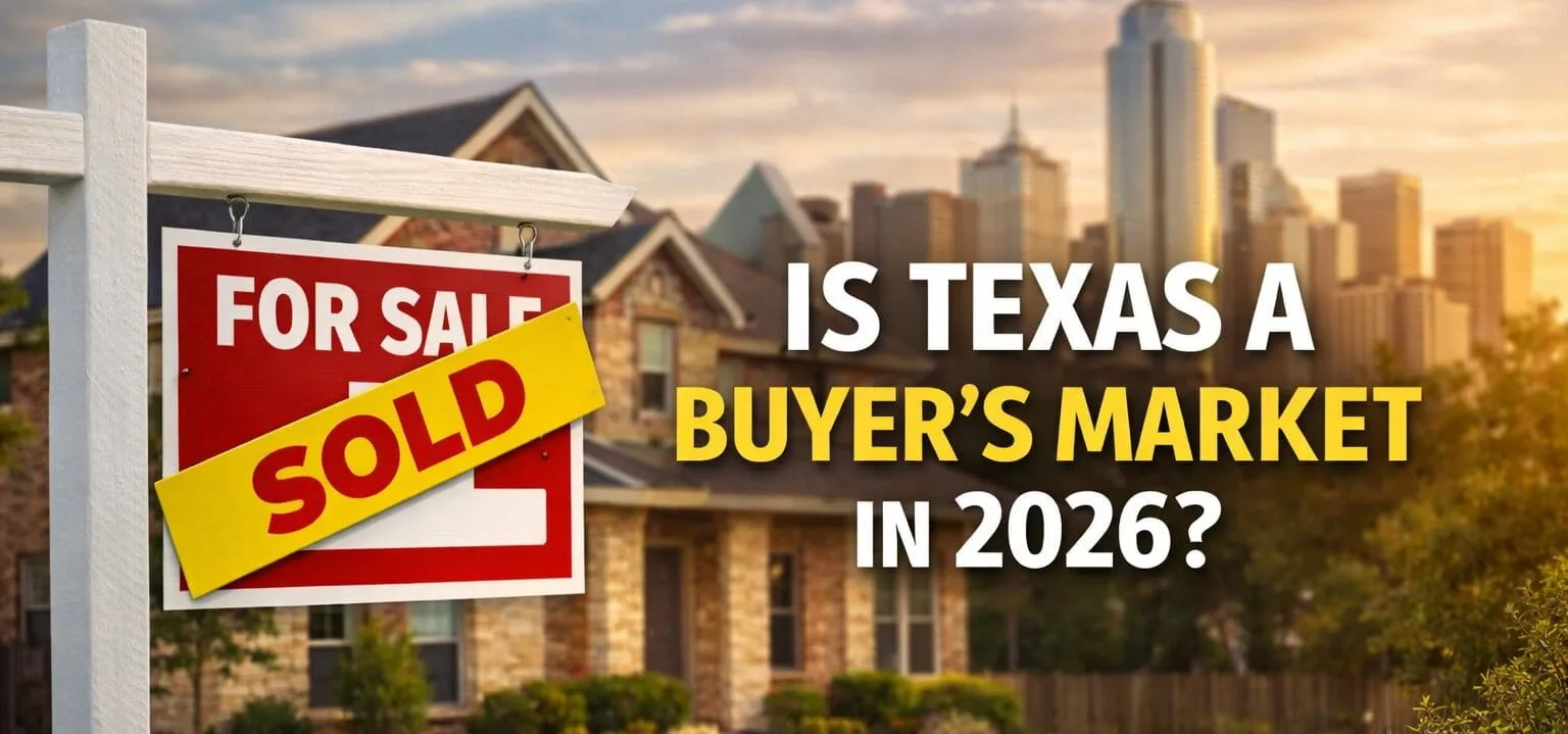 Texas housing market 2026 buyer’s market concept with home for sale sign and sold banner in suburban neighborhood
