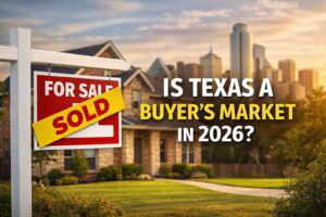 Texas housing market 2026 buyer’s market concept with home for sale sign and sold banner in suburban neighborhood