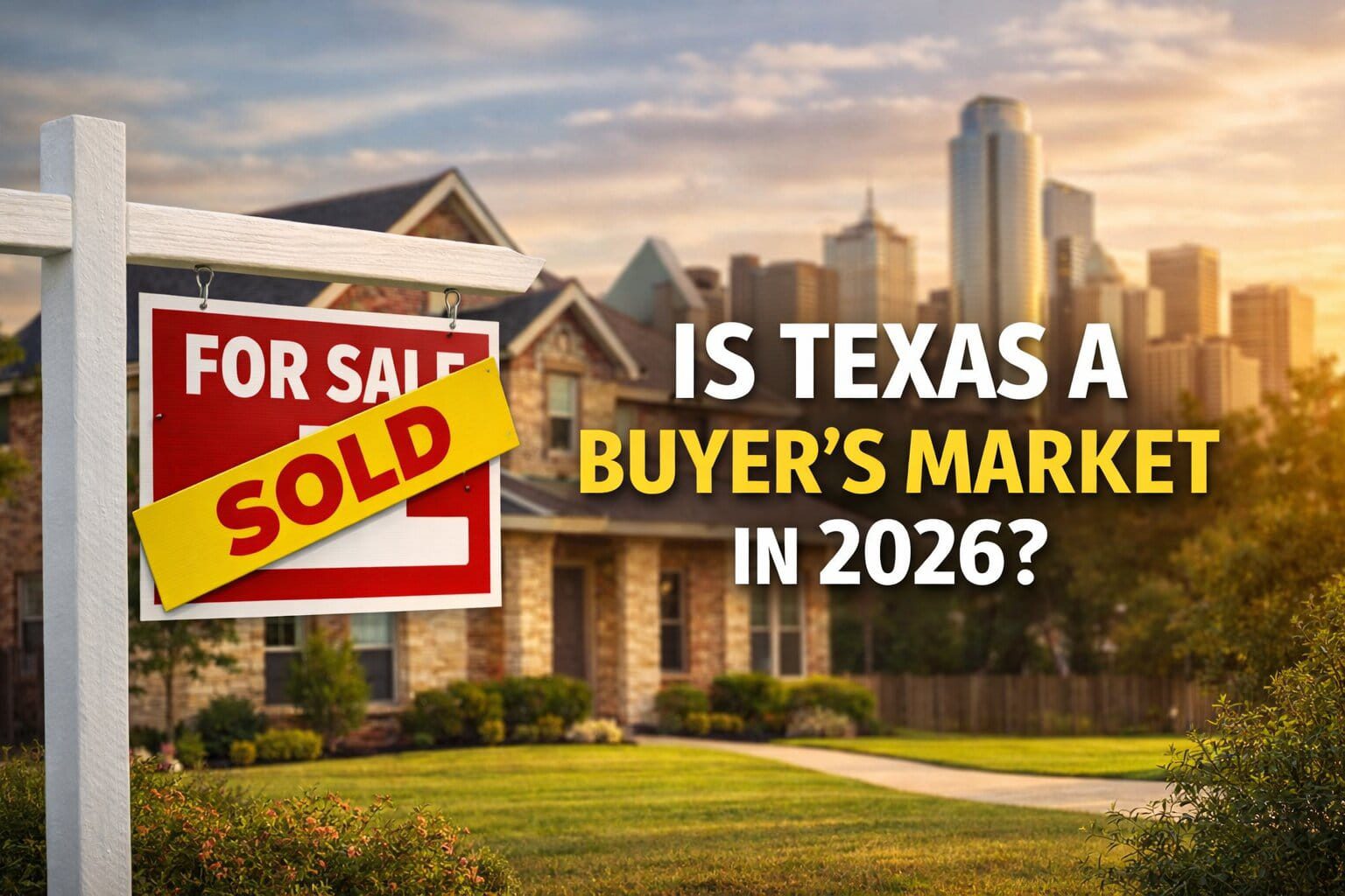 Texas housing market 2026 buyer’s market concept with home for sale sign and sold banner in suburban neighborhood