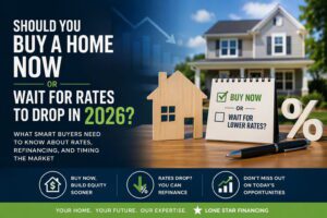 Should you buy a home now or wait for rates to drop in 2026 graphic showing house, checklist, and mortgage rate symbol