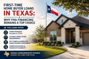 First-time home buyer exploring FHA loan financing options in Texas with low down payment requirements and flexible credit score guidelines.